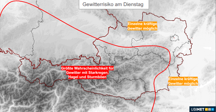 Gewitterrisiko am Dienstag, den 14.07.2026. Prognose vom 12.07.2026. © UBIMET