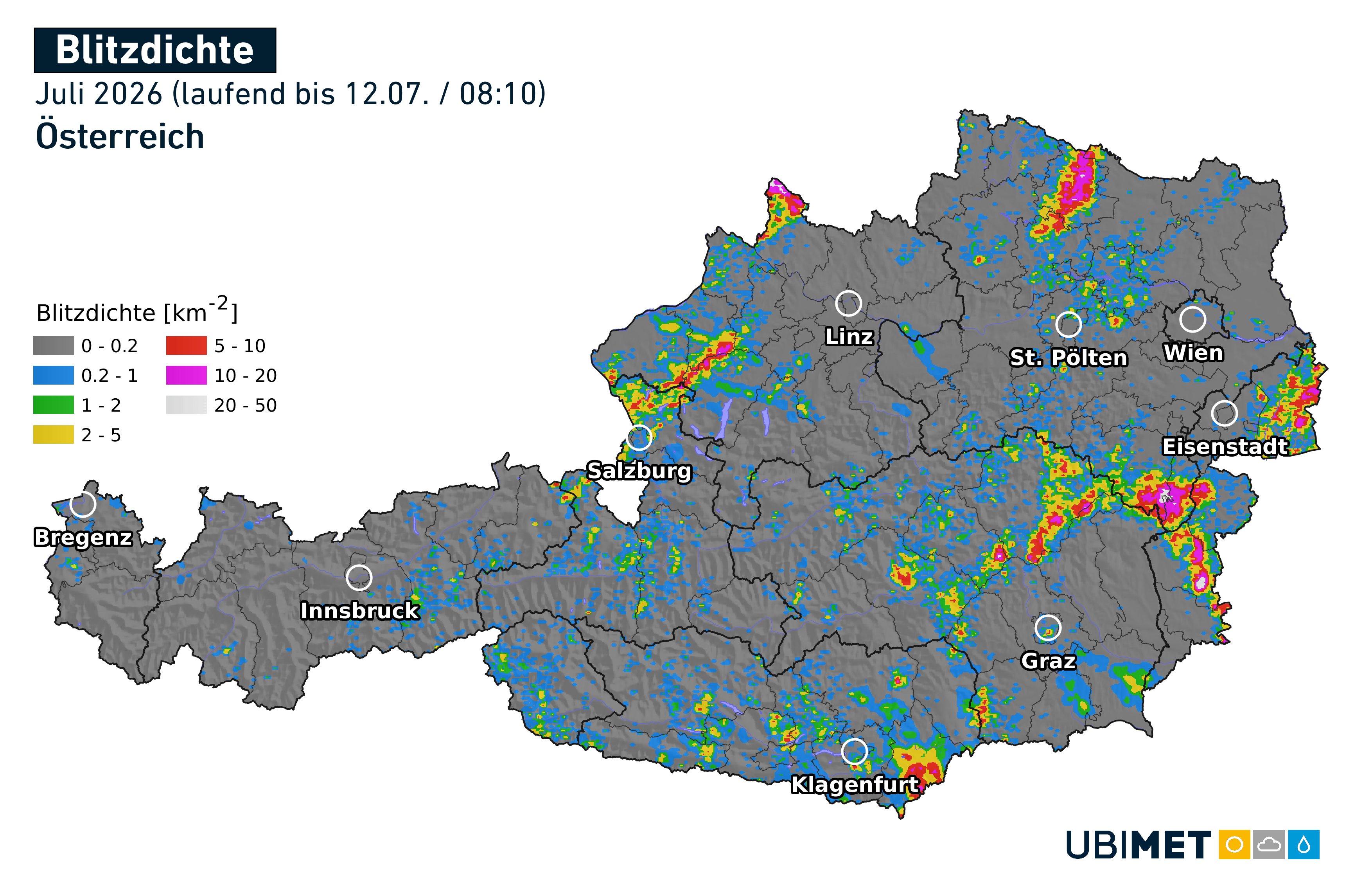 Bisherige Blitzdichte im Juli 2026 in Österreich - Stand 12.07.2026. Die stärksten Gewitter mit den meisten Blitzen gab es zu Monatsbeginn in der Buckligen Welt, im Seewinkel sowie lokal im Mühl- und Waldviertel. © UBIMET/Nowcast