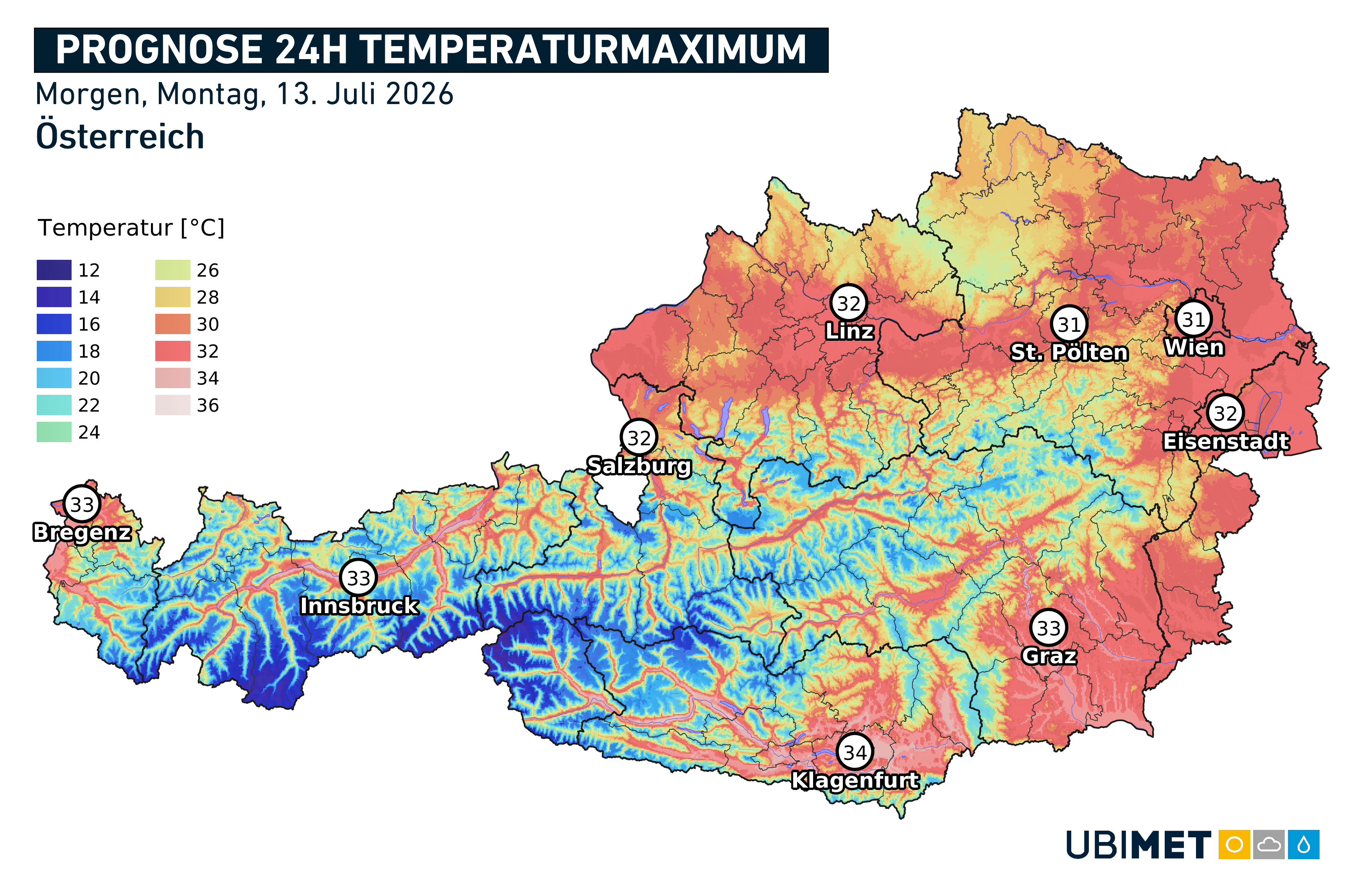 Prognostizierte Höchstwerte am Montag, dem 13.07.2026 in Österreich. Verbreitet liegen die Maxima zwischen 28 und 34 Grad. © UBIMET