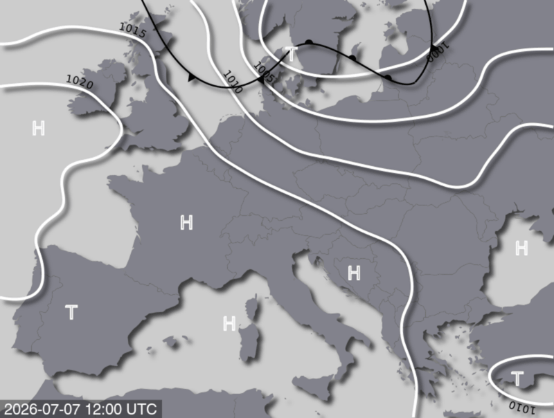 Bodendruck- und Frontenkarte für Dienstag, 07. Juli 2026, 14:00 MESZ (Quelle: UBIMET)