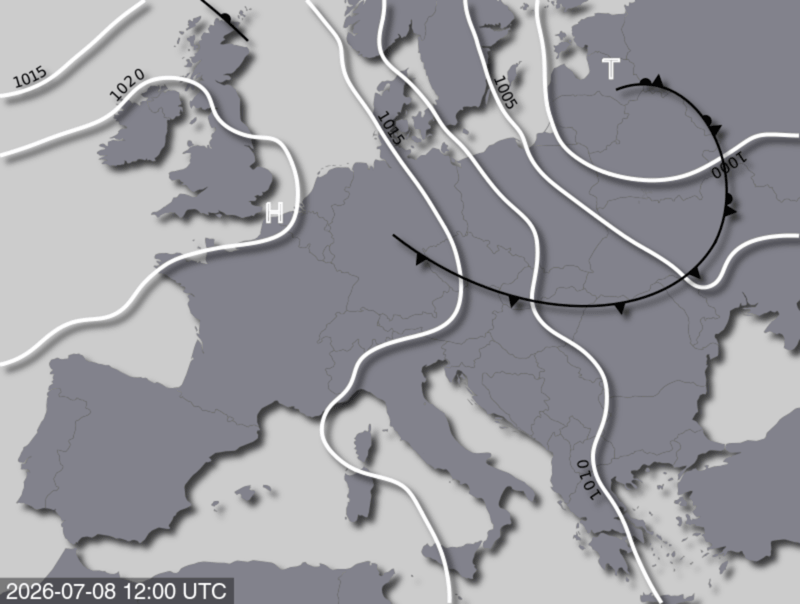 Bodendruck- und Frontenkarte für Mittwoch, 08. Juli 2026, 14:00 MESZ (Quelle: UBIMET)