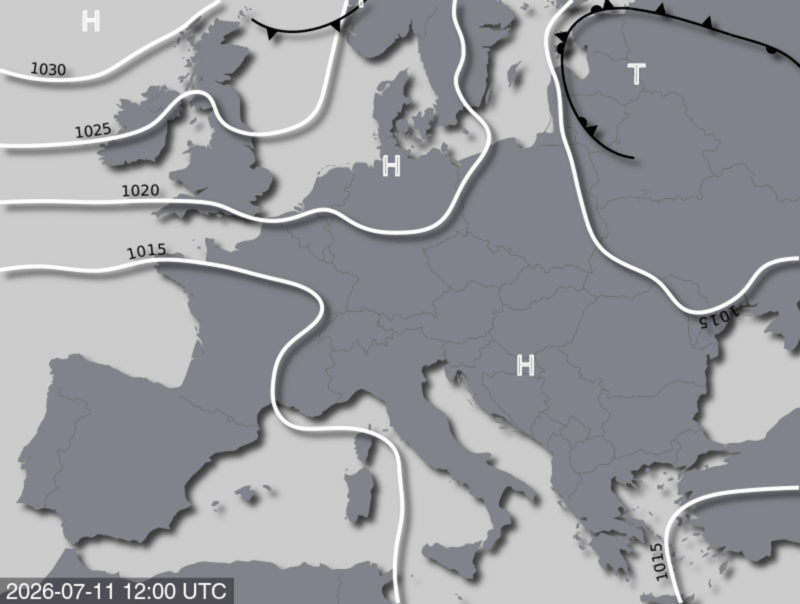 Bodendruck- und Frontenkarte für Samstag, 11. Juli 2026, 14:00 MESZ (Quelle: UBIMET)