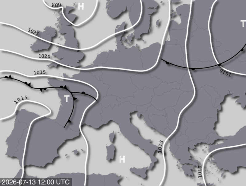 Bodendruck- und Frontenkarte für Montag, 13. Juli 2026, 14:00 MESZ (Quelle: UBIMET)