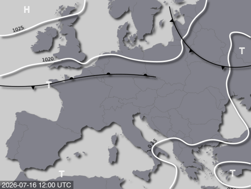 Bodendruck- und Frontenkarte für Donnerstag, 16. Juli 2026, 14:00 MESZ (Quelle: UBIMET)