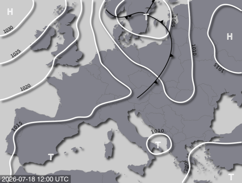 Bodendruck- und Frontenkarte für Samstag, 18. Juli 2026, 14:00 MESZ (Quelle: UBIMET)