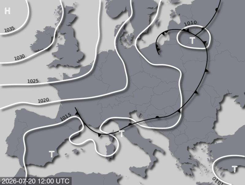 Bodendruck- und Frontenkarte für Montag, 20. Juli 2026, 14:00 MESZ (Quelle: UBIMET)
