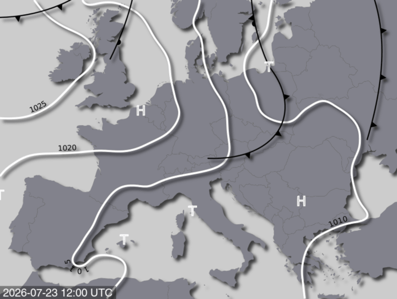 Bodendruck- und Frontenkarte für Donnerstag, 23. Juli 2026, 14:00 MESZ (Quelle: UBIMET)
