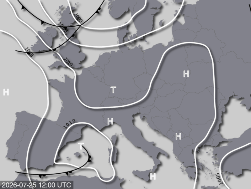Bodendruck- und Frontenkarte für Samstag, 25. Juli 2026, 14:00 MESZ (Quelle: UBIMET)