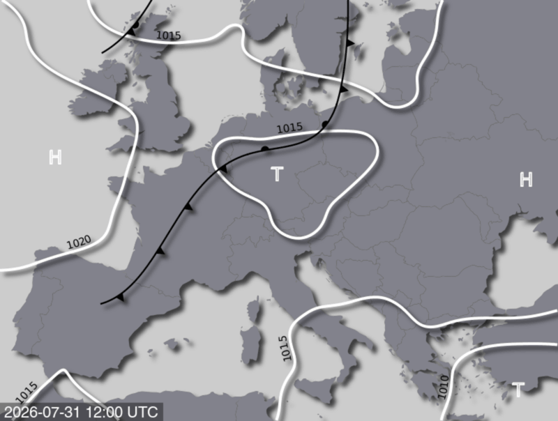 Bodendruck- und Frontenkarte für Freitag, 31. Juli 2026, 14:00 MESZ (Quelle: UBIMET)
