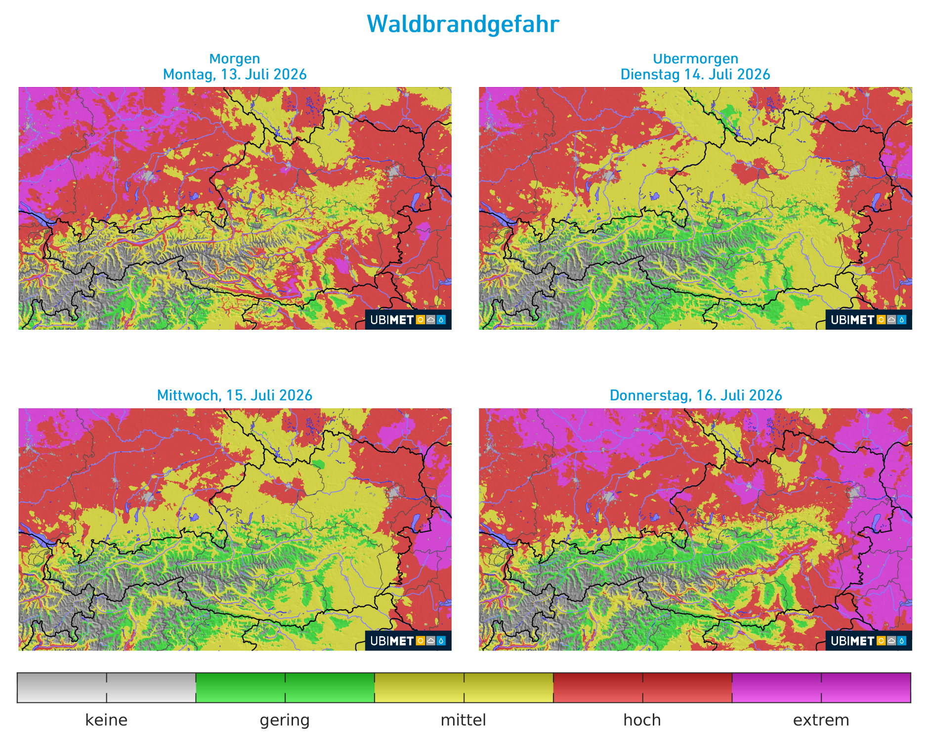 Waldbrandgefahr in Österreich in den kommenden Tagen. Weiterhin ist mit einer hohen, regional (besonders im Osten) auch extremen Gefahr zu rechnen! Die Schauer und Gewitter bringen höchstens lokal und im Bergland eine leichte Entspannung. © UBIMET