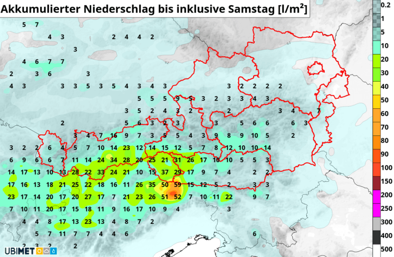 Prognostizierte Niederschläge bis zum kommenden Samstag: Abseits des Berglands bleibt es weiterhin nahezu komplett trocken - UBIMET
