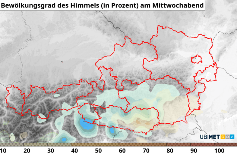 Prognose der Bewölkung am späten Mittwochabend: Nur im Süden sind ein paar Restwolken unterwegs - UBIMET