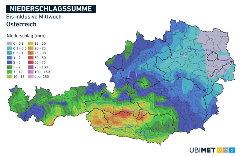 Prognose der Gesamtniederschläge bis Mittwoch - UBIMET