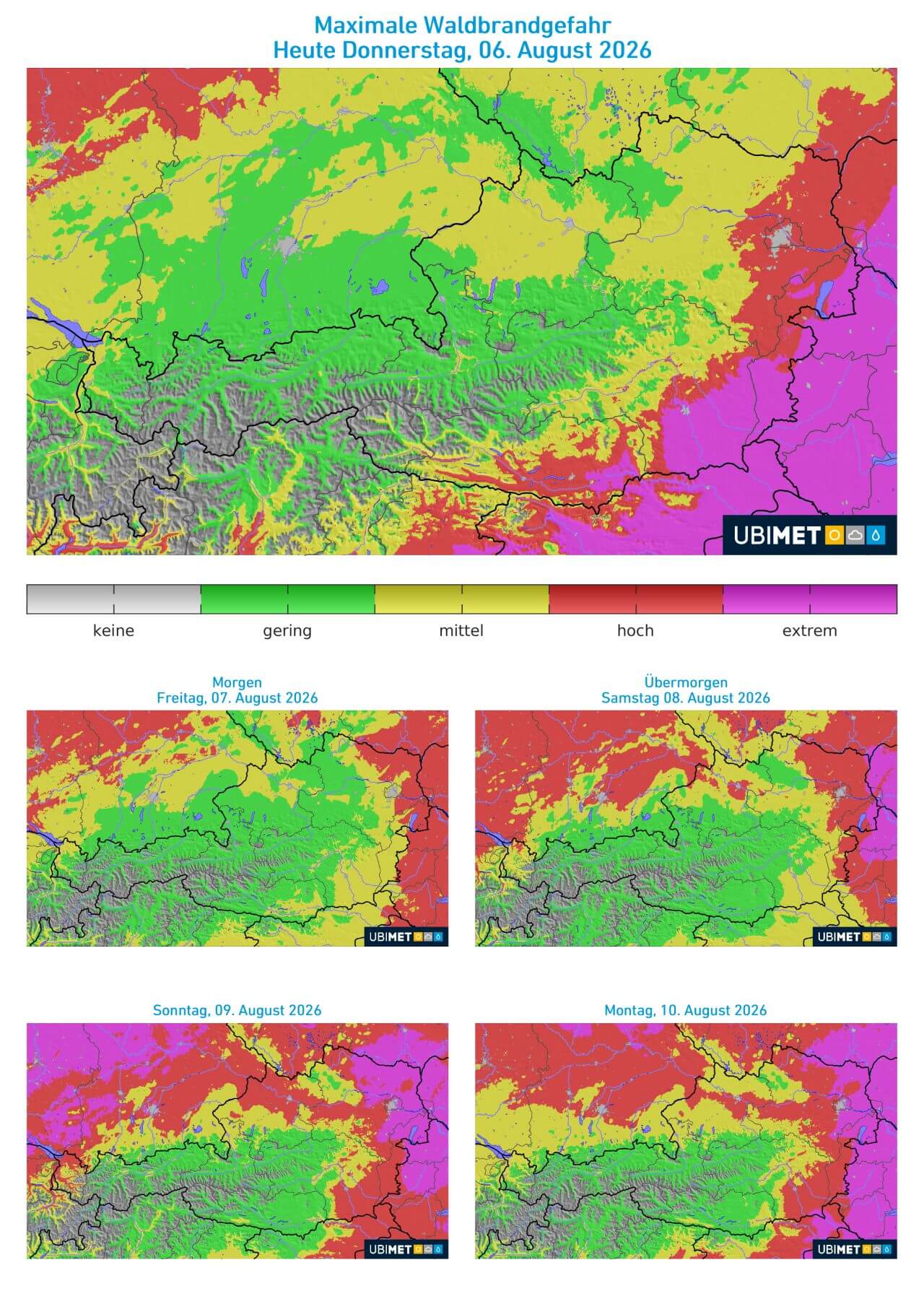Die extreme Hite und Trockenheit führt in Österreich zu einer regional sehr hohen Flur- und Waldbrandgefahr. Die Prognose für die kommenden Tage zeigt: Besonders im Osten und Südosten ist keine Entspannung in Sicht. | UBIMET