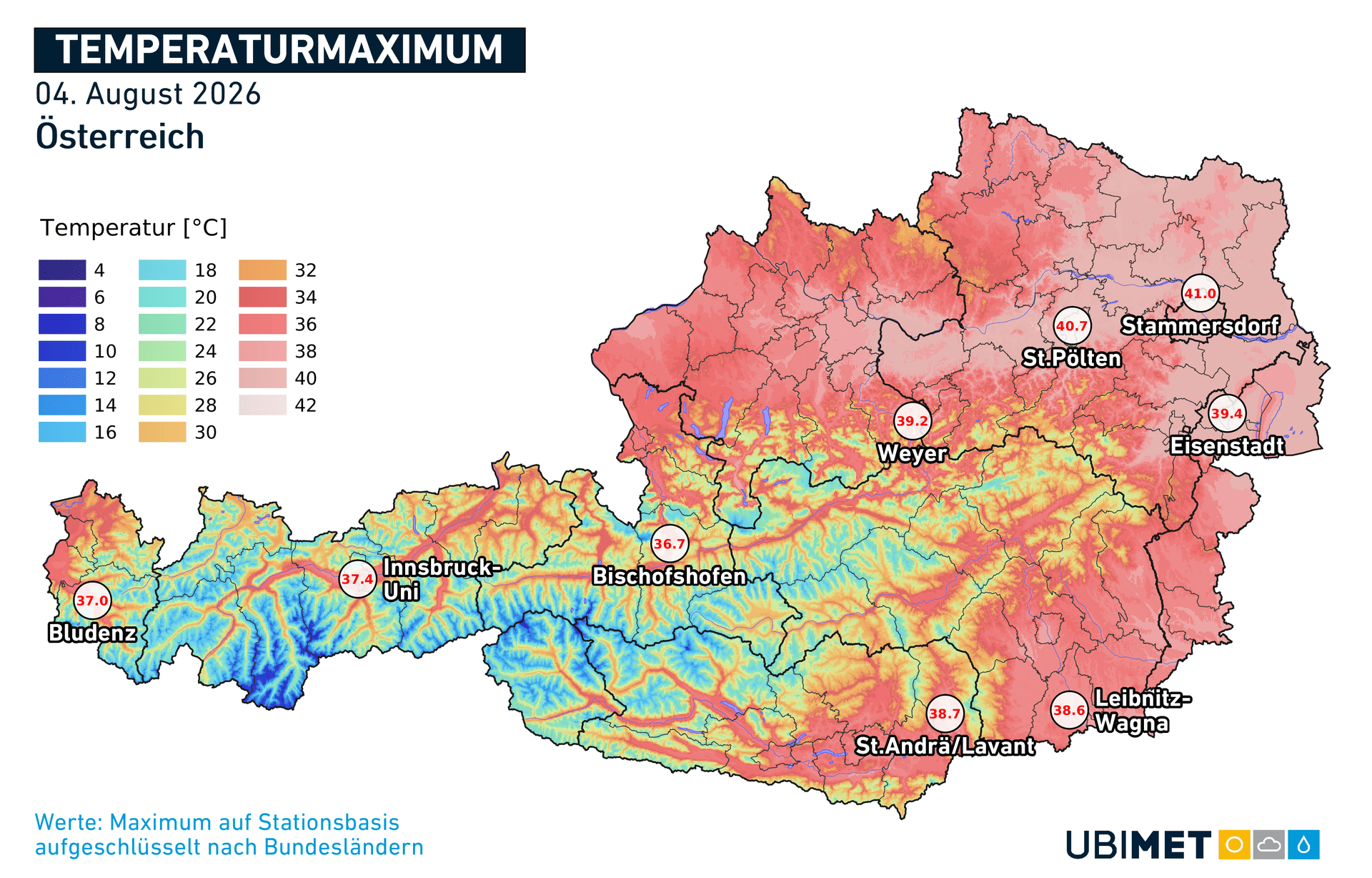 Höchstwerte in Österreich von Montag (03.08.2026) bis Mittwoch (05.08.2026). | UBIMET