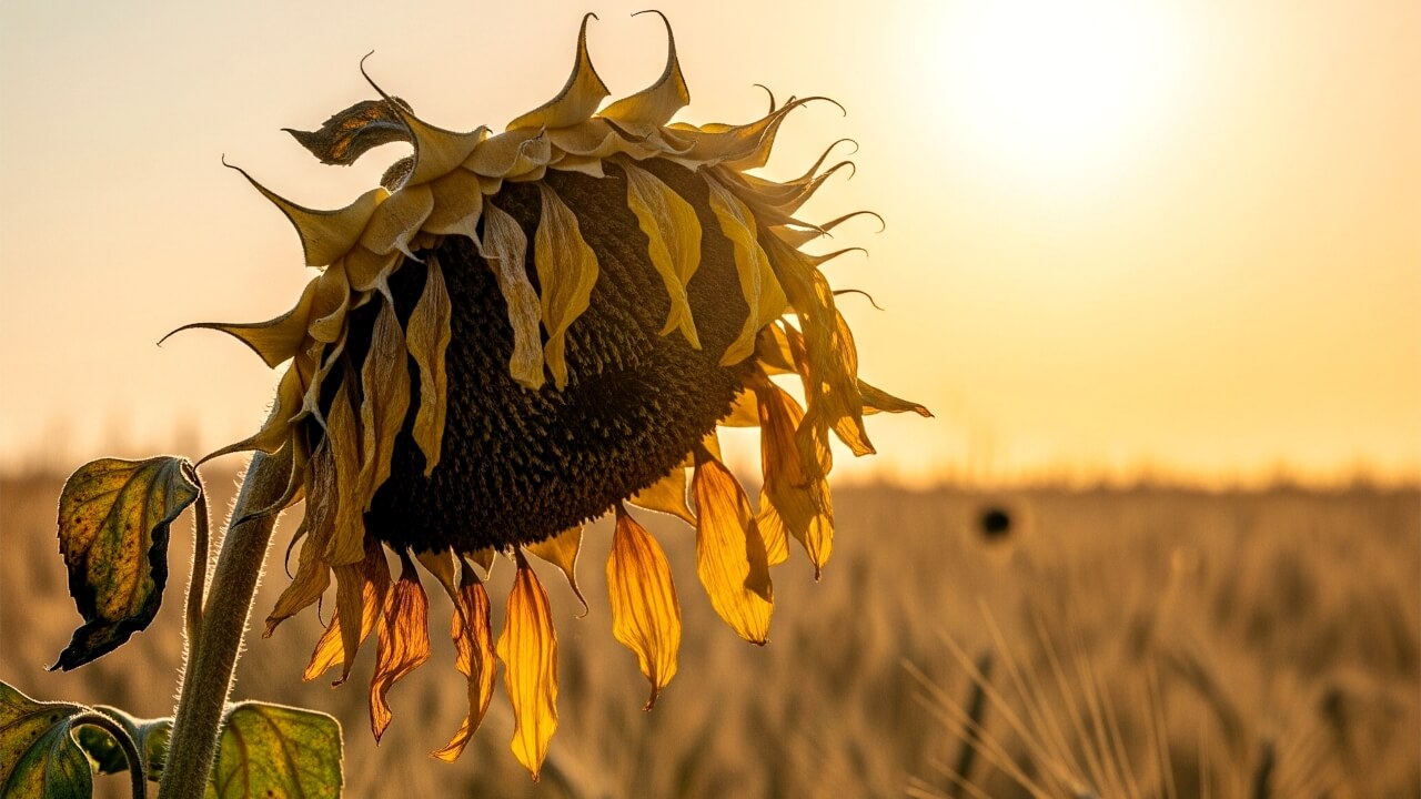 Eine ausgetrocknete Sonnenblume im Sonnenuntergang. © pixabay.com