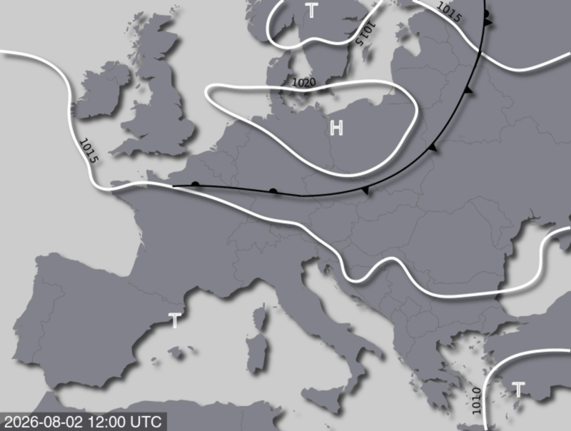 Bodendruck- und Frontenkarte für Sonntag, 02. August 2026, 14:00 MESZ (Quelle: UBIMET)