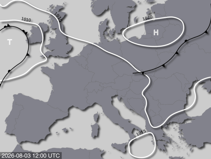 Bodendruck- und Frontenkarte für Montag, 03. August 2026, 14:00 MESZ (Quelle: UBIMET)