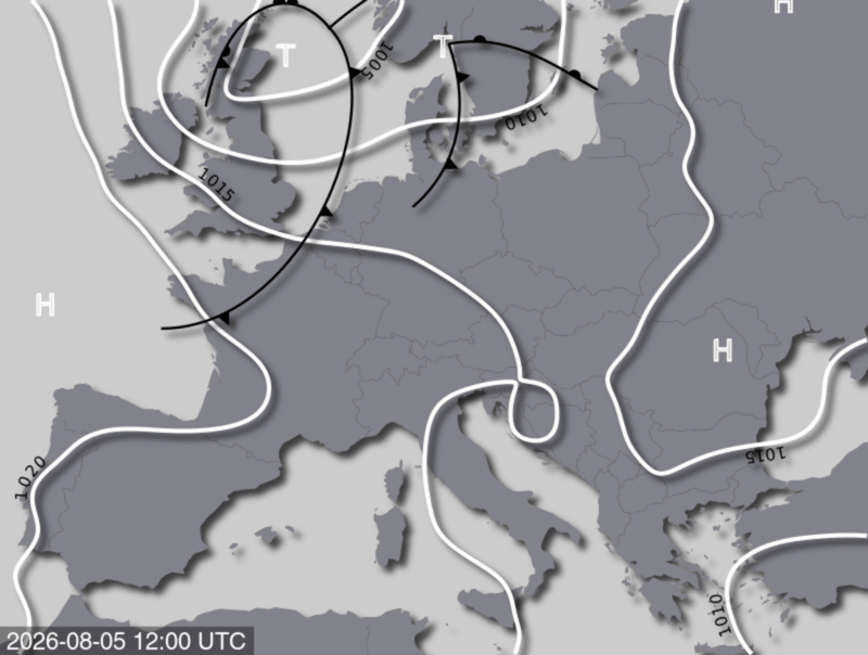 Bodendruck- und Frontenkarte für Mittwoch, 05. August 2026, 14:00 MESZ (Quelle: UBIMET)