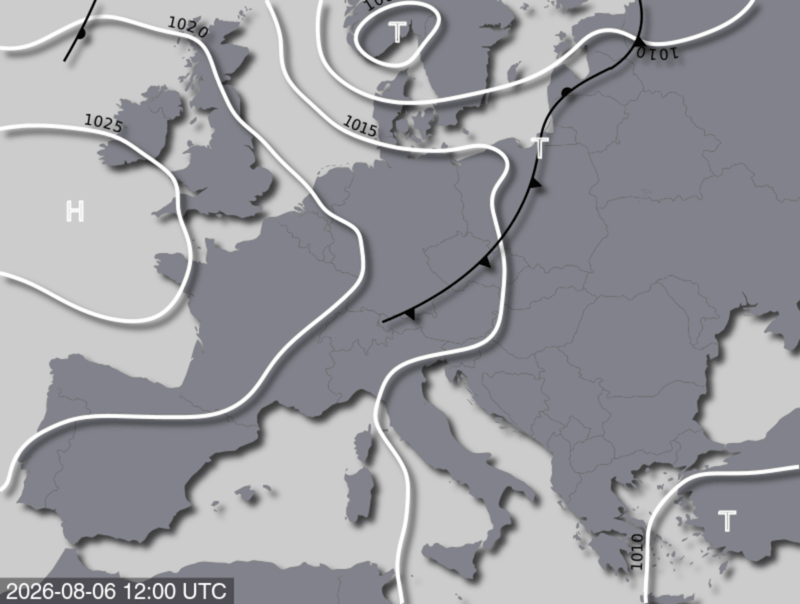 Bodendruck- und Frontenkarte für Donnerstag, 06. August 2026, 14:00 MESZ (Quelle: UBIMET)