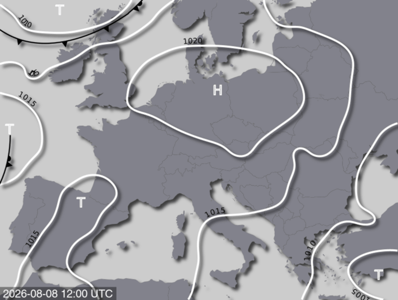 Bodendruck- und Frontenkarte für Samstag, 08. August 2026, 14:00 MESZ (Quelle: UBIMET)