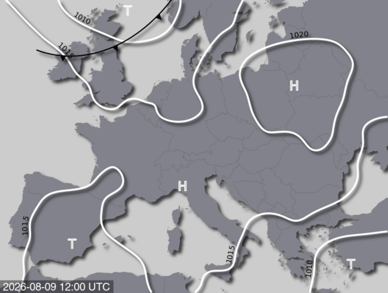 Bodendruck- und Frontenkarte für Sonntag, 09. August 2026, 14:00 MESZ (Quelle: UBIMET)