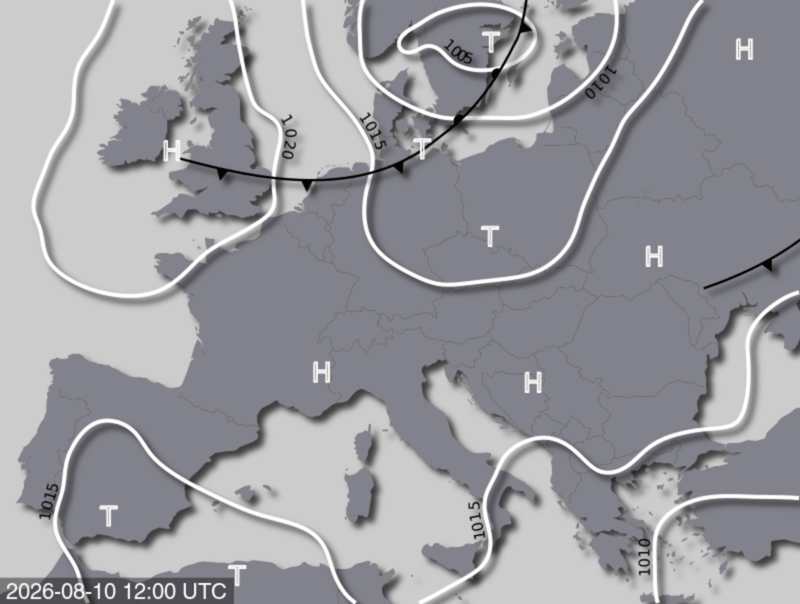 Bodendruck- und Frontenkarte für Montag, 10. August 2026, 14:00 MESZ (Quelle: UBIMET)