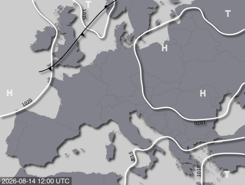 Bodendruck- und Frontenkarte für Freitag, 14. August 2026, 14:00 MESZ (Quelle: UBIMET)
