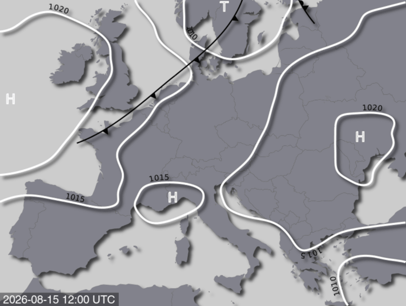 Bodendruck- und Frontenkarte für Samstag, 15. August 2026, 14:00 MESZ (Quelle: UBIMET)