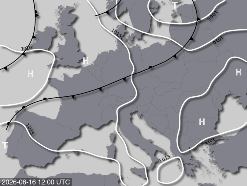 Bodendruck- und Frontenkarte für Sonntag, 16. August 2026, 14:00 MESZ (Quelle: UBIMET)