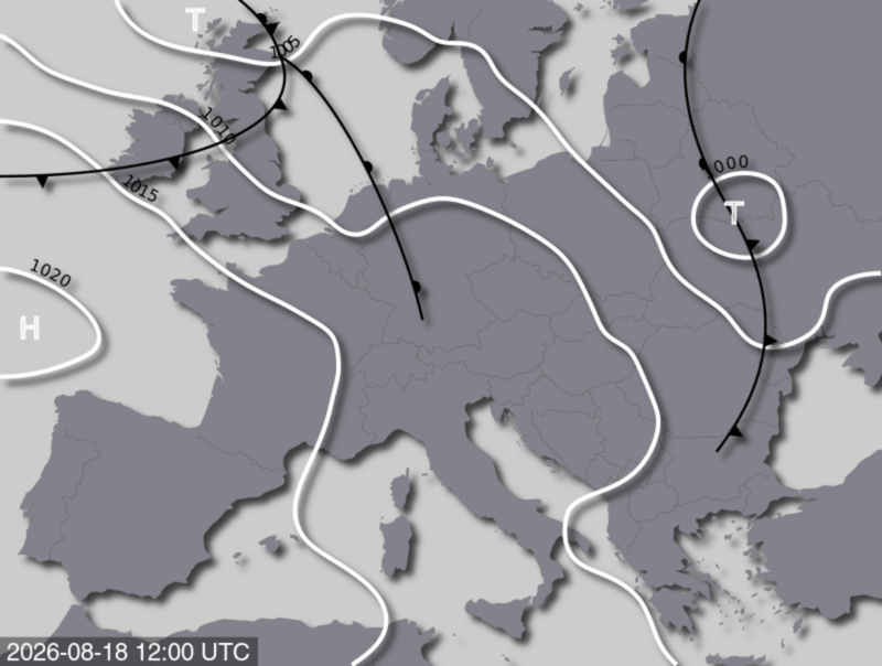 Bodendruck- und Frontenkarte für Dienstag 18. August 2026, 14:00 MESZ (Quelle: UBIMET)