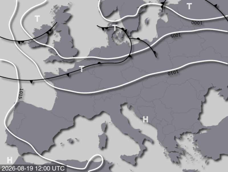 Bodendruck- und Frontenkarte für Mittwoch 19. August 2026, 14:00 MESZ (Quelle: UBIMET)