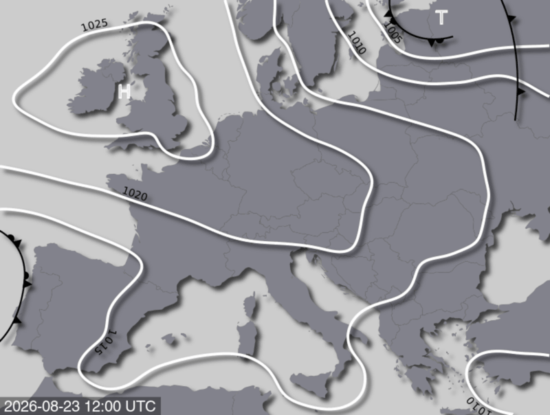 Bodendruck- und Frontenkarte für Sonntag, 23. August 2026, 14:00 MESZ (Quelle: UBIMET)