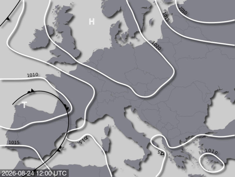 Bodendruck- und Frontenkarte für Montag, 24. August 2026, 14:00 MESZ (Quelle: UBIMET)