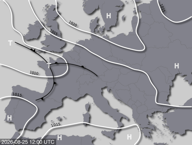 Bodendruck- und Frontenkarte für Dienstag, 25. August 2026, 14:00 MESZ (Quelle: UBIMET)