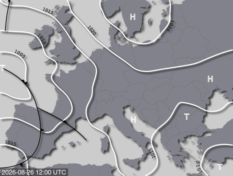 Bodendruck- und Frontenkarte für Mittwoch, 26. August 2026, 14:00 MESZ (Quelle: UBIMET)