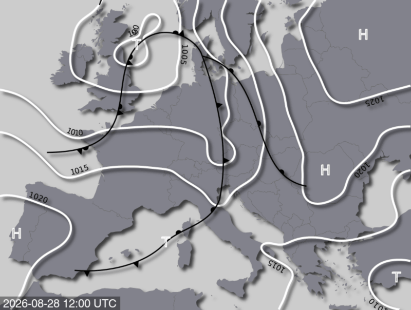 Bodendruck- und Frontenkarte für Freitag, 28. August 2026, 14:00 MESZ (Quelle: UBIMET)