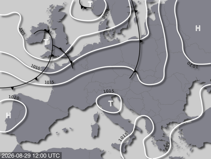 Bodendruck- und Frontenkarte für Samstag, 29. August 2026, 14:00 MESZ (Quelle: UBIMET)