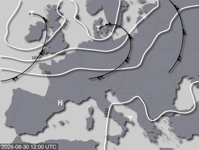 Bodendruck- und Frontenkarte für Sonntag, 30. August 2026, 14:00 MESZ (Quelle: UBIMET)