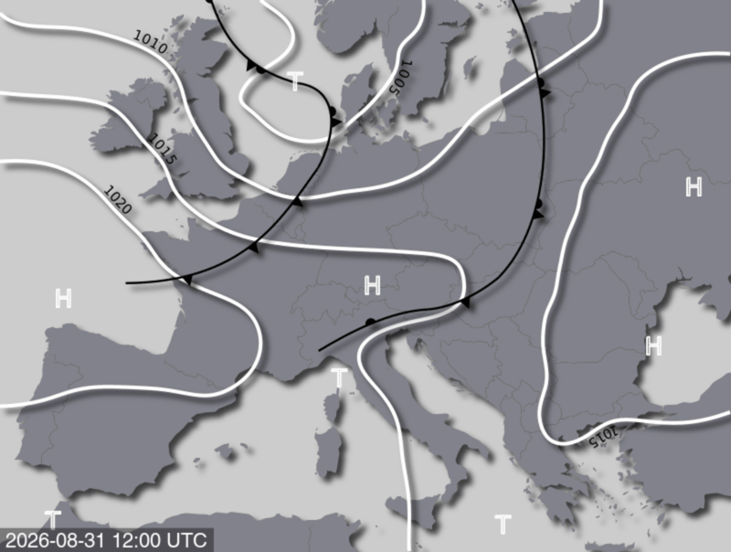 Bodendruck- und Frontenkarte für Montag, 31. August 2026, 14:00 MESZ (Quelle: UBIMET)