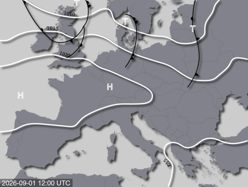 Bodendruck- und Frontenkarte für Dienstag, 01. September 2026, 14:00 MESZ (Quelle: UBIMET)
