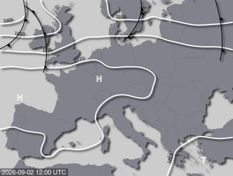 Bodendruck- und Frontenkarte für Mittwoch, 02. September 2026, 14:00 MESZ (Quelle: UBIMET)