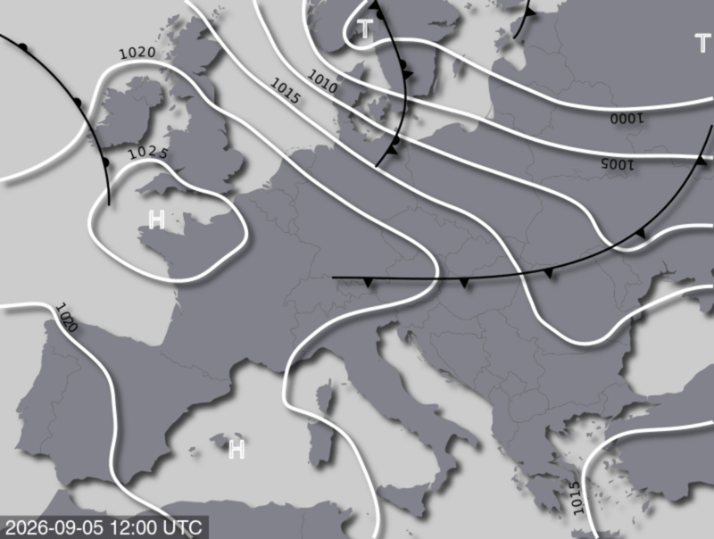 Bodendruck- und Frontenkarte für Samstag, 05. September 2026, 14:00 MESZ (Quelle: UBIMET)