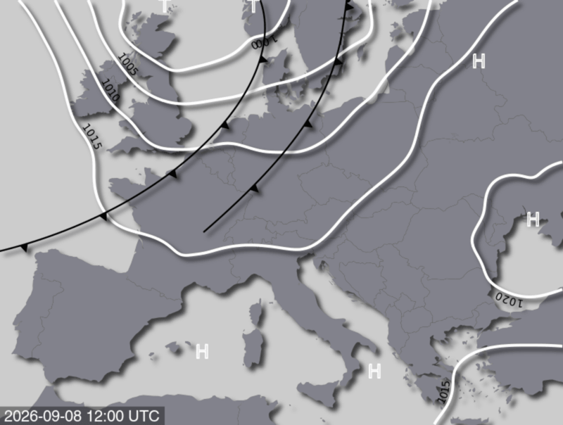 Bodendruck- und Frontenkarte für Dienstag, 08. September 2026, 14:00 MESZ (Quelle: UBIMET)