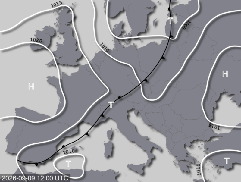 Bodendruck- und Frontenkarte für Mittwoch, 09. September 2026, 14:00 MESZ (Quelle: UBIMET)