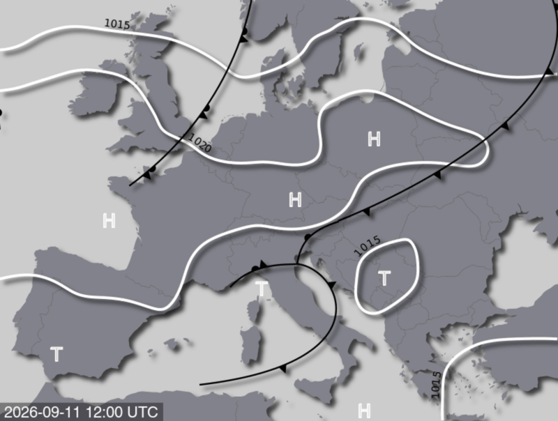 Bodendruck- und Frontenkarte für Freitag, 11. September 2026, 14:00 MESZ (Quelle: UBIMET)