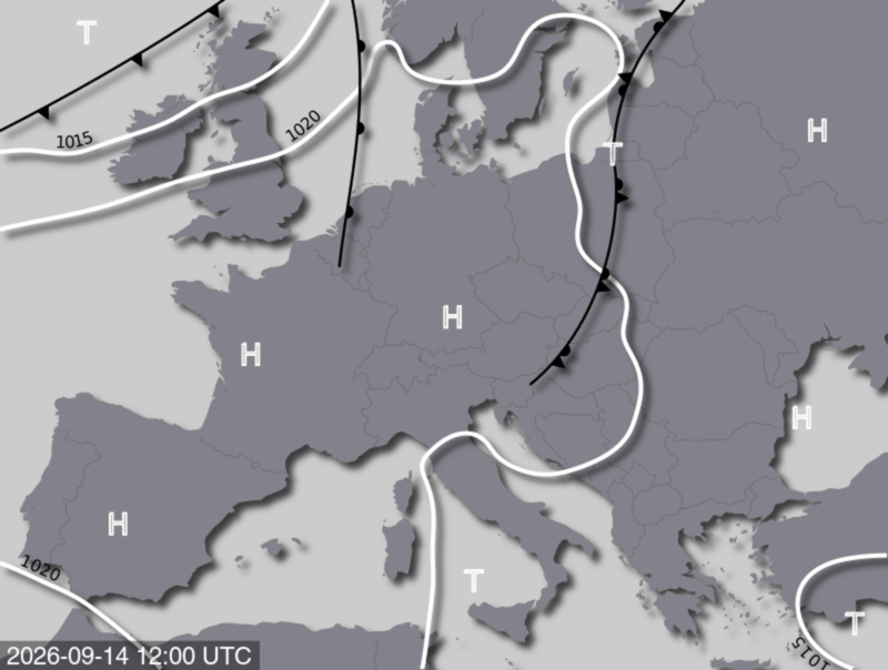Bodendruck- und Frontenkarte für Montag, 14. September 2026, 14:00 MESZ (Quelle: UBIMET)