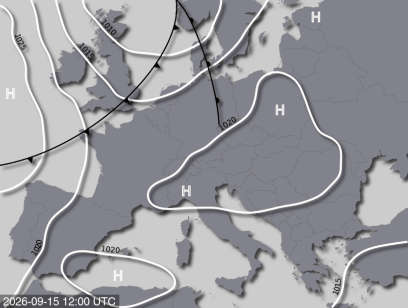 Bodendruck- und Frontenkarte für Dienstag, 15. September 2026, 14:00 MESZ (Quelle: UBIMET)