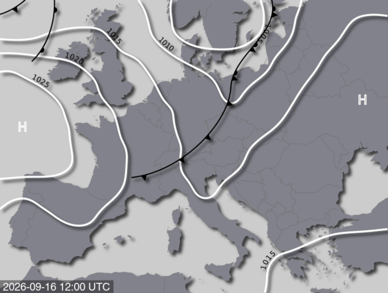 Bodendruck- und Frontenkarte für Mittwoch, 16. September 2026, 14:00 MESZ (Quelle: UBIMET)