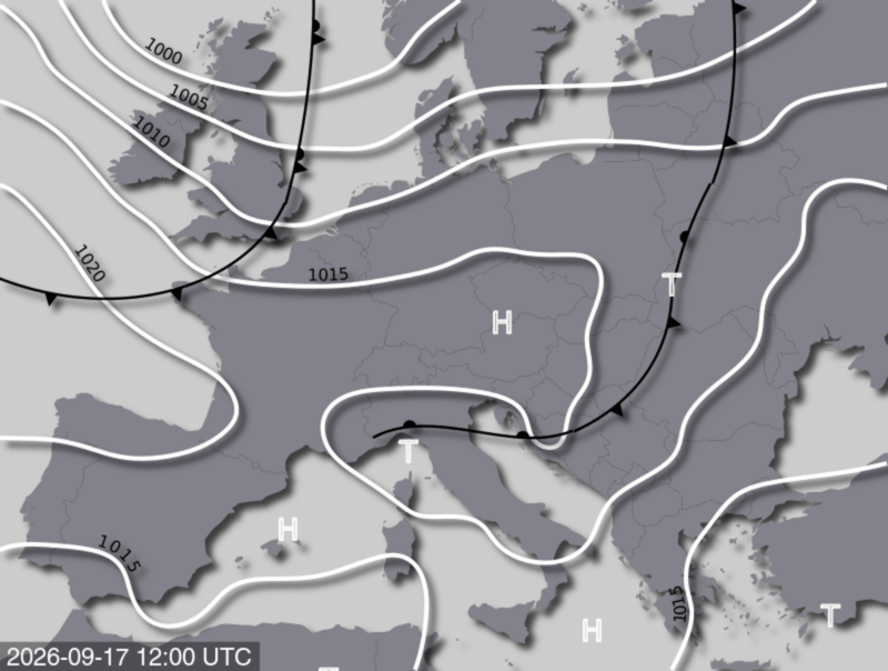 Bodendruck- und Frontenkarte für Donnerstag, 17. September 2026, 14:00 MESZ (Quelle: UBIMET)